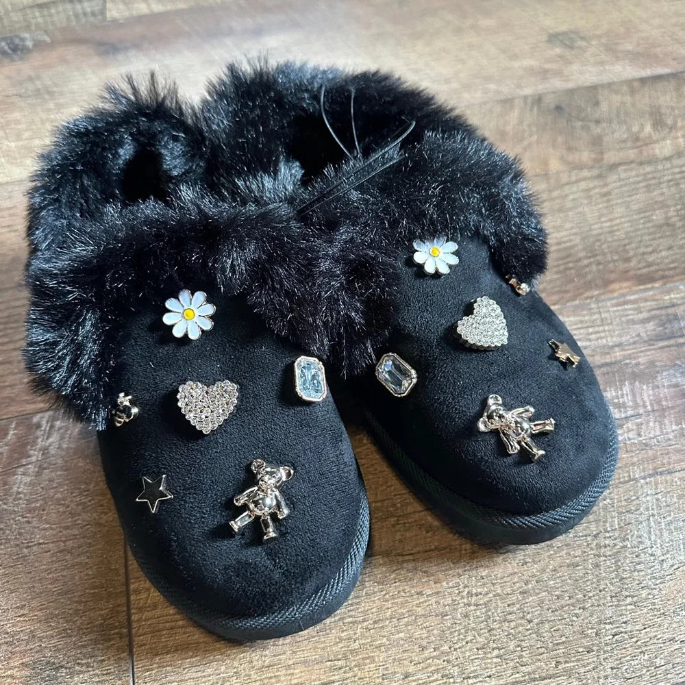 Girls Sugar Kiss Black Faux Fur Slippers with Charms 12 (Toddler Girl)